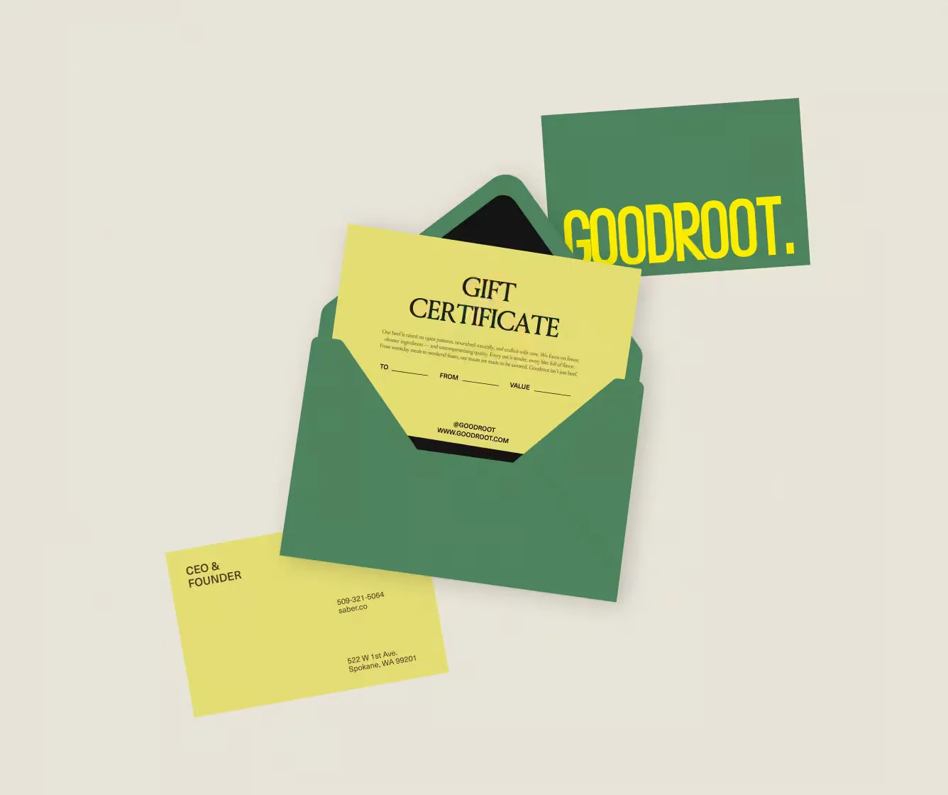 Good Root printed gift certificate tucked into a green envelope