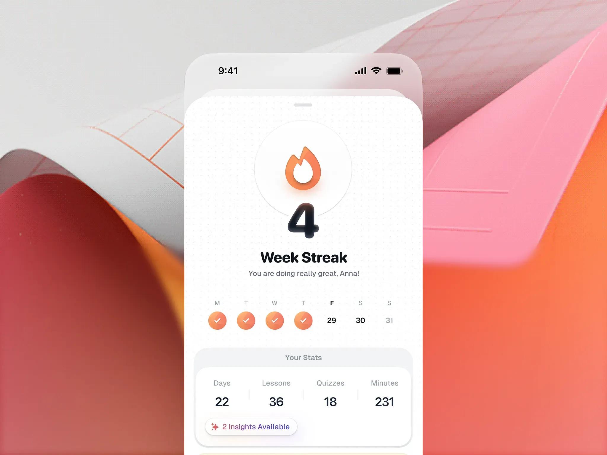 Mobile app screen showing a 4 week streak with daily progress stats