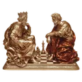 Bronze statues of two seated men in thoughtful poses playing chess on a detailed chessboard