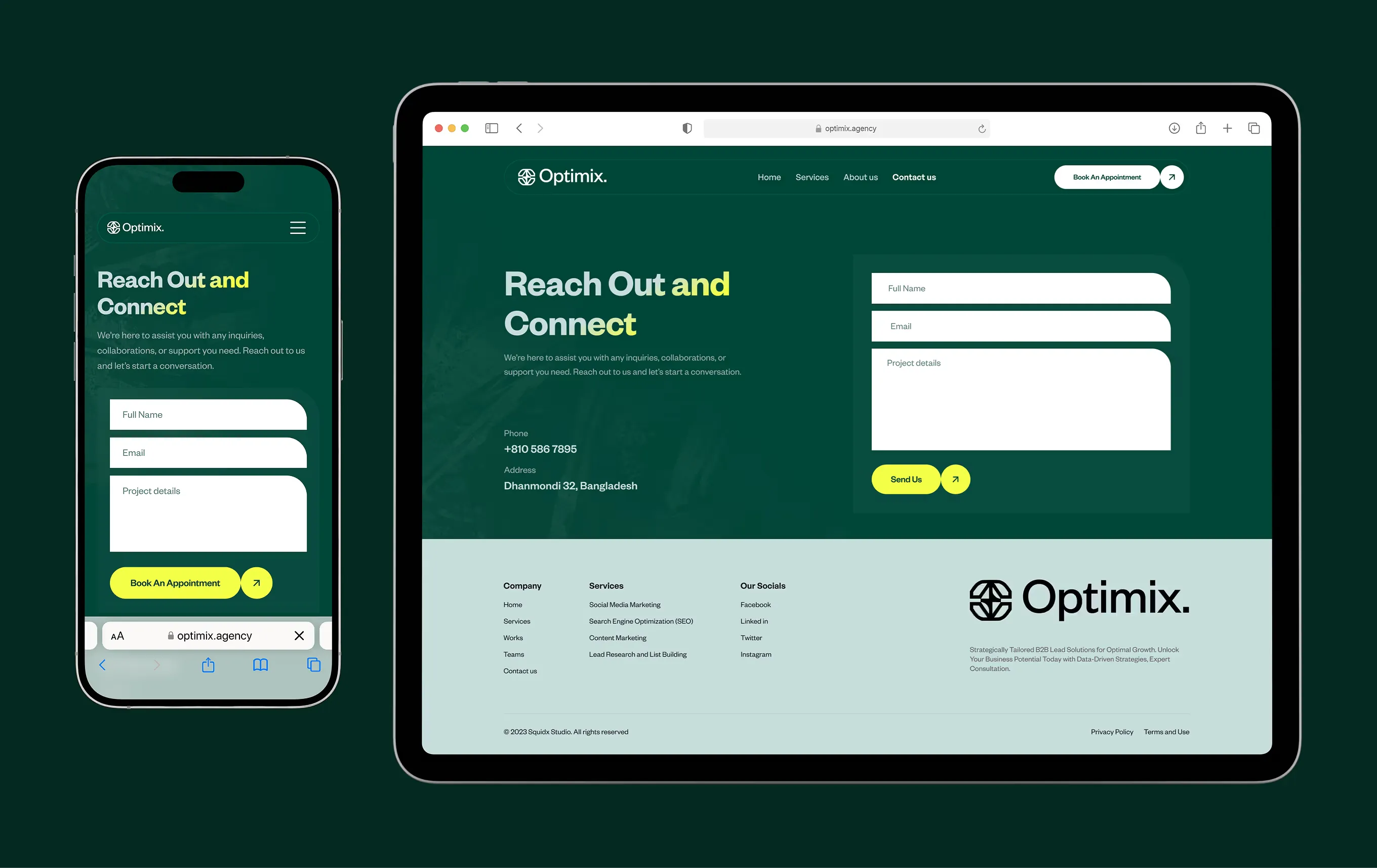 Optimix website contact page on a laptop and phone